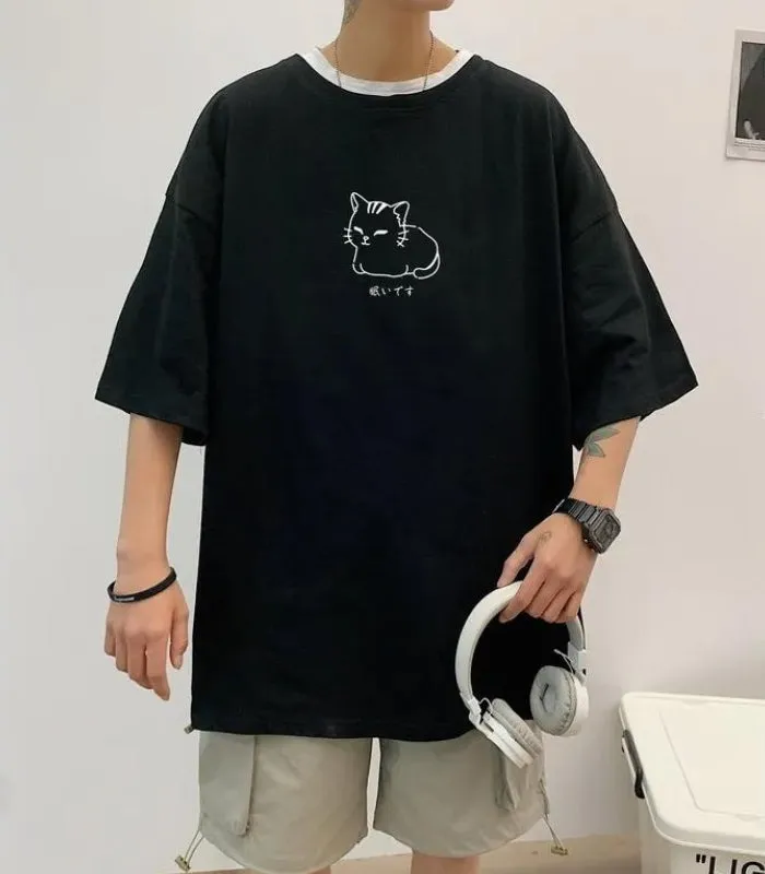 Lying Cat Drop Shoulder Tee