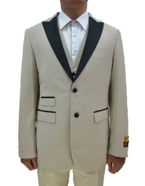 Mens 2 Button Peak Lapel Vested Tuxedo in Tan