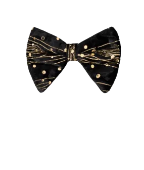 Men's black and gold velvet paisley bowtie and pocket square