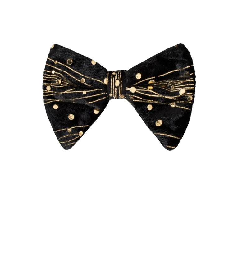 Men's black and gold velvet paisley bowtie and pocket square