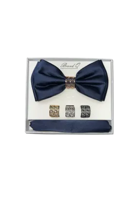 Men's Blue Satin Bowtie with hanky and ring