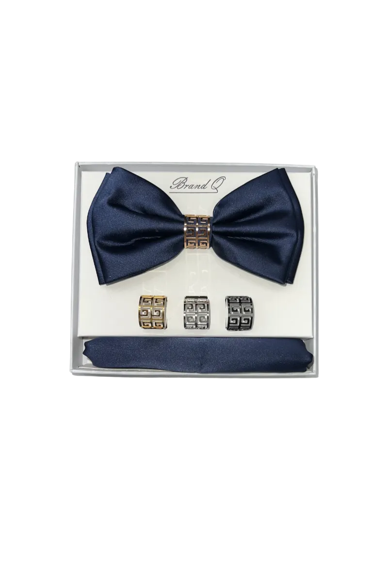 Men's Blue Satin Bowtie with hanky and ring