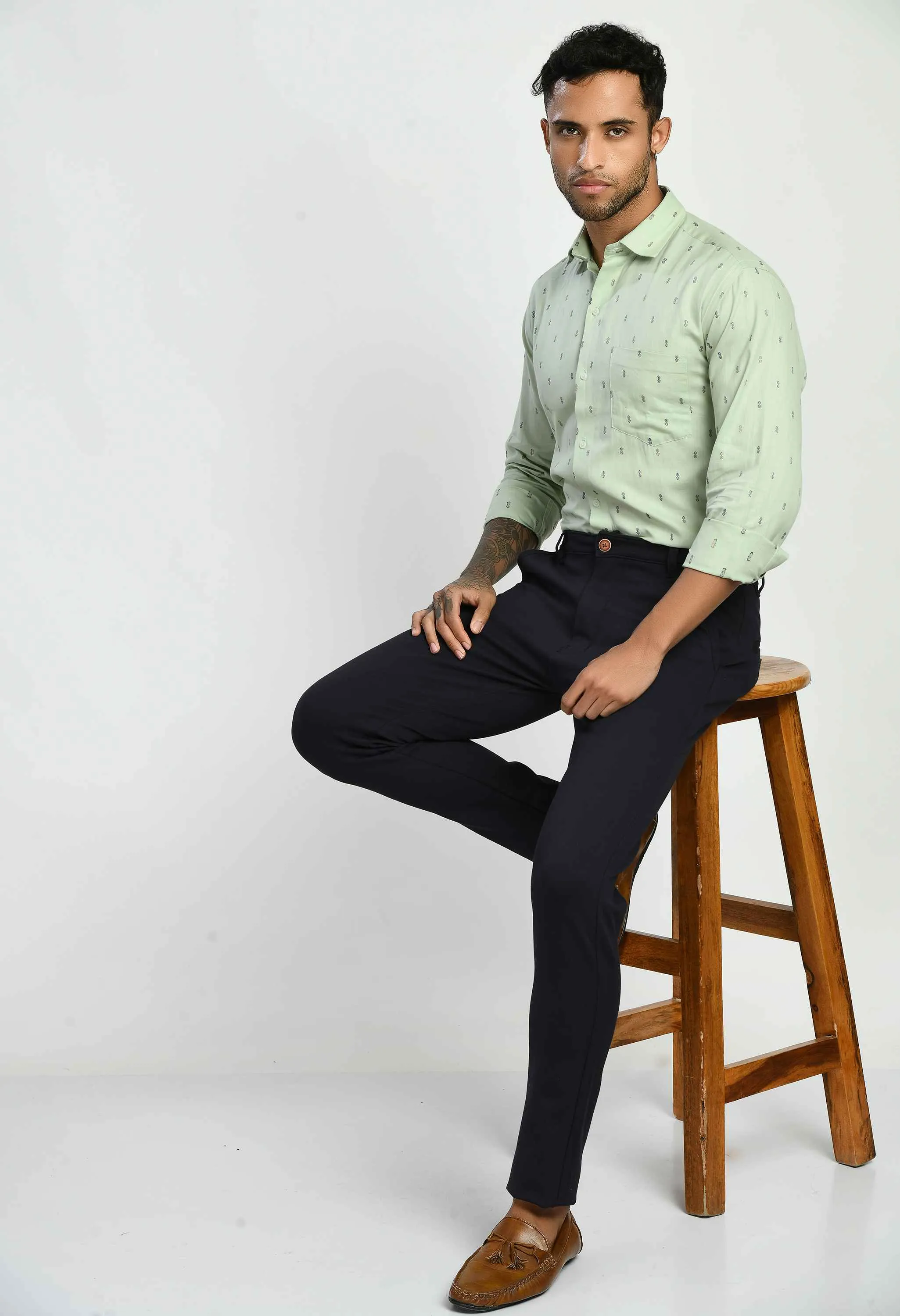 Men's Printed Sea Green Cotton Formal Shirt