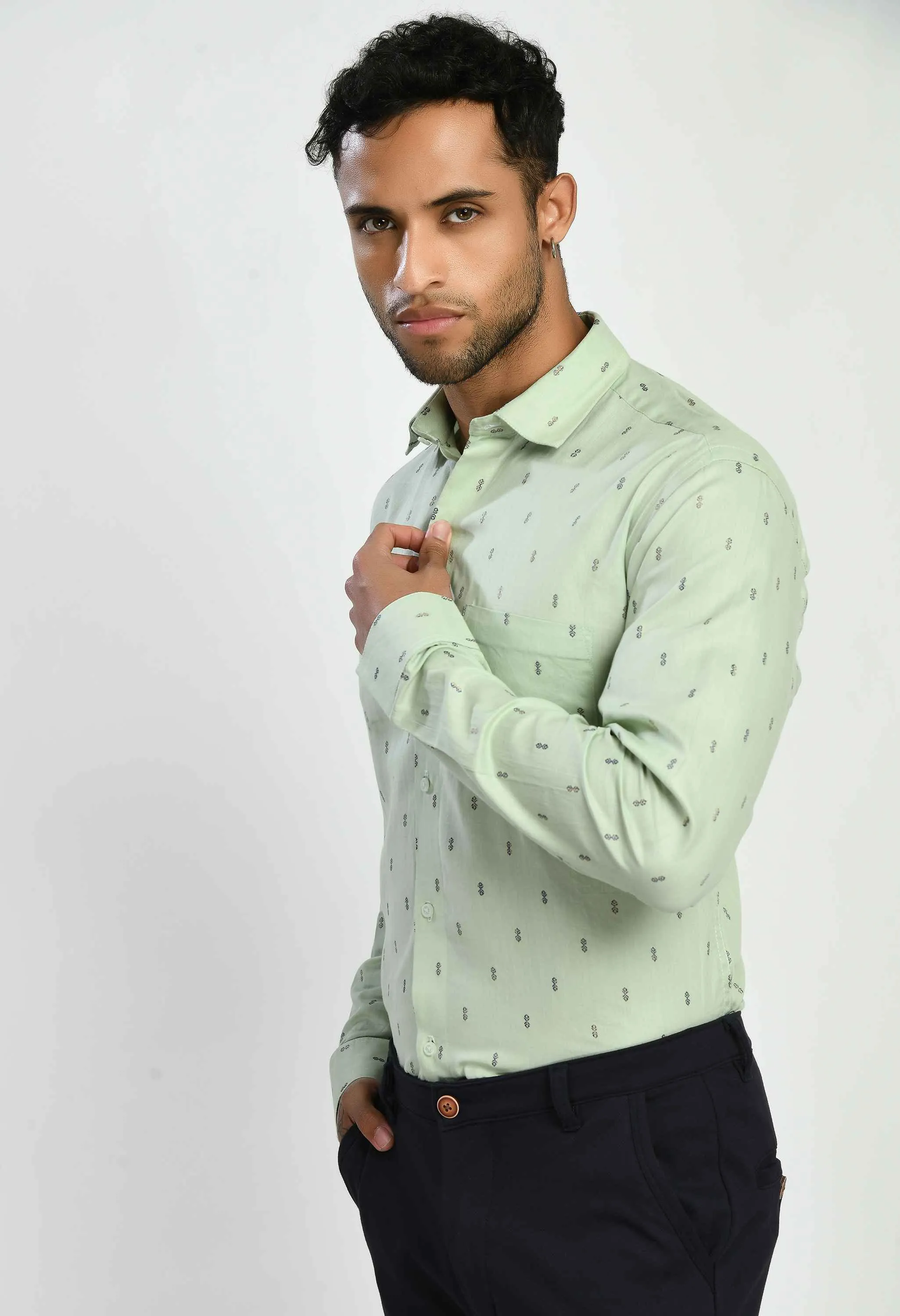 Men's Printed Sea Green Cotton Formal Shirt