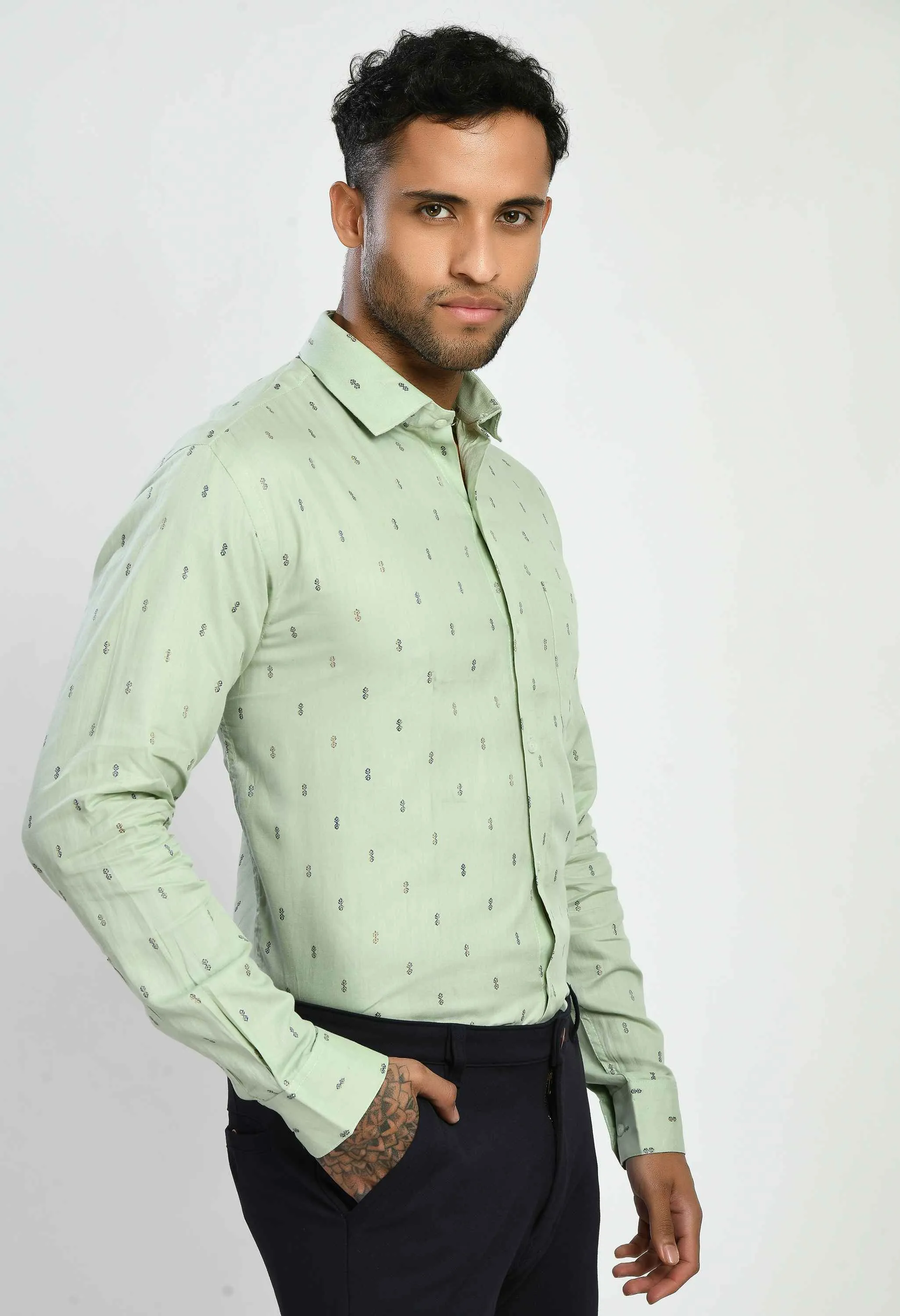 Men's Printed Sea Green Cotton Formal Shirt