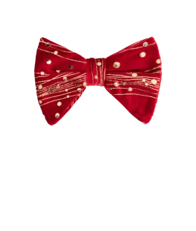 Men's Red and Gold velvet paisley bowtie and pocket square