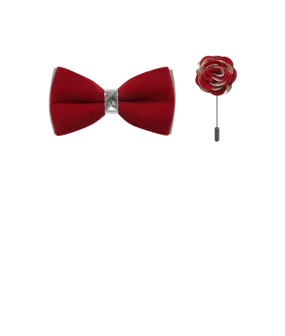 Men's Red Velvet and Sliver Leather Fashion Bowties Hanky and Flowers