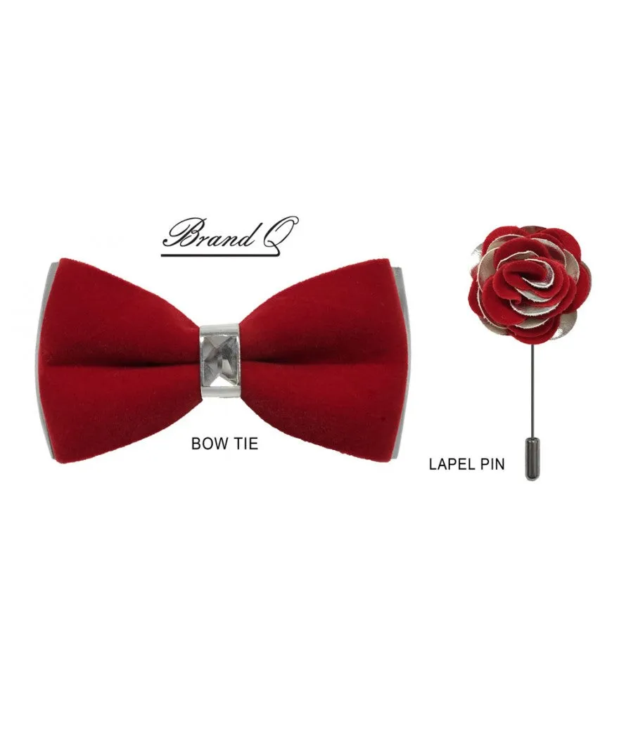 Men's Red Velvet and Sliver Leather Fashion Bowties Hanky and Flowers