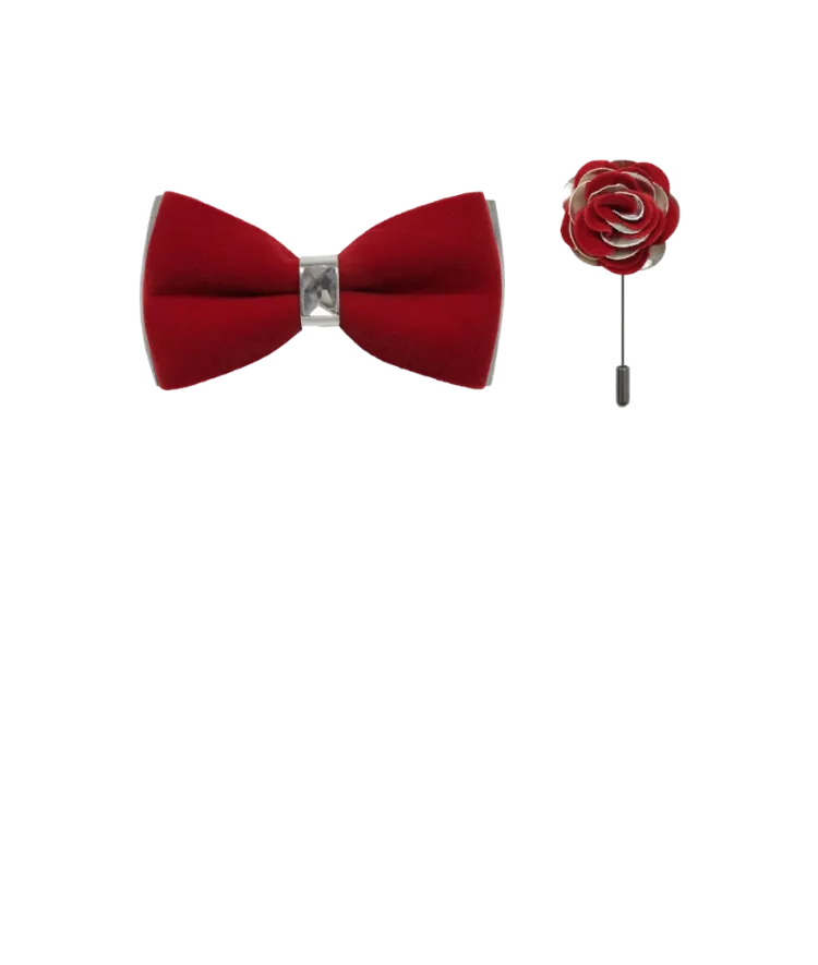 Men's Red Velvet and Sliver Leather Fashion Bowties Hanky and Flowers