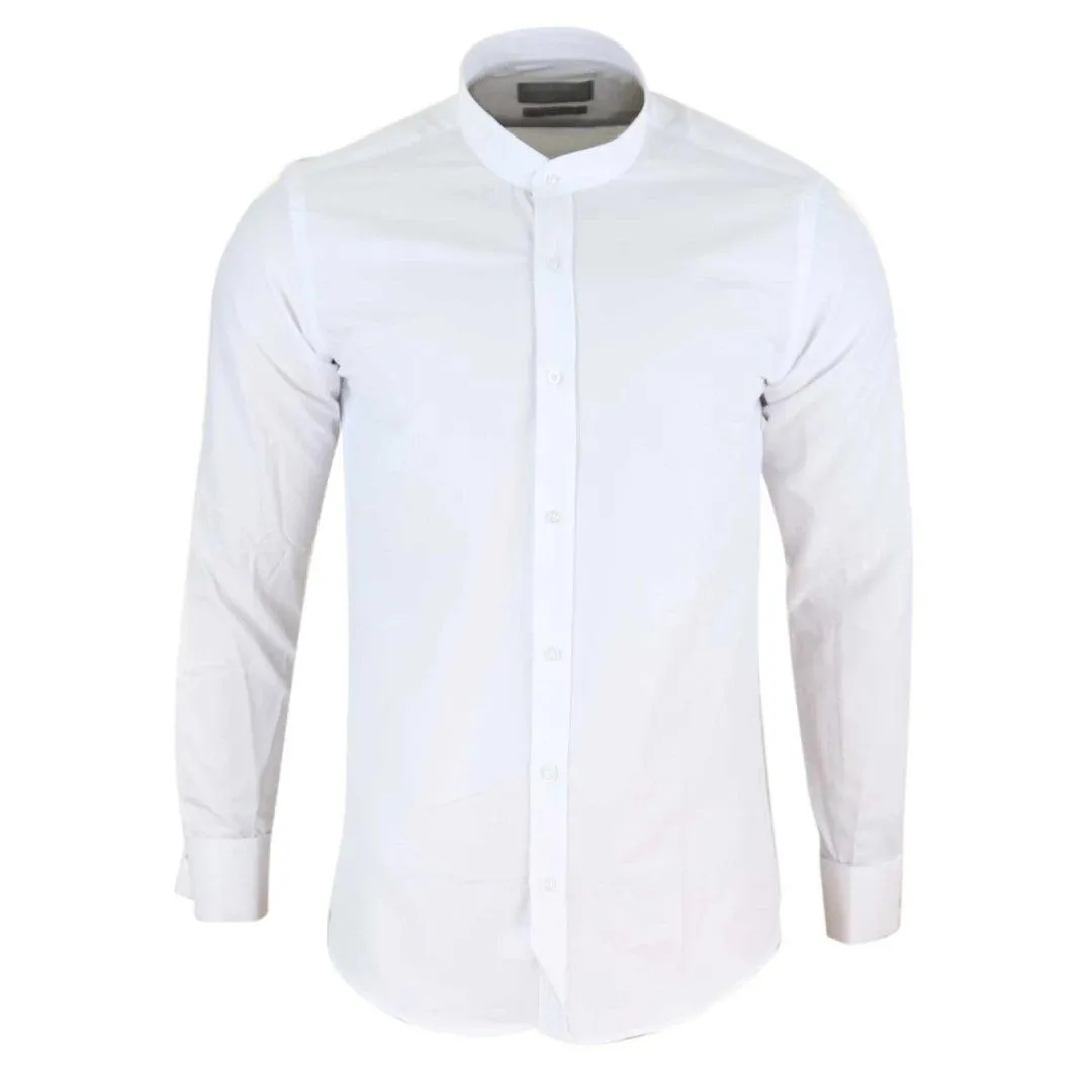 Mens White Nehru Classic Round Removable Collar Button Shirt Slim Regular Fit