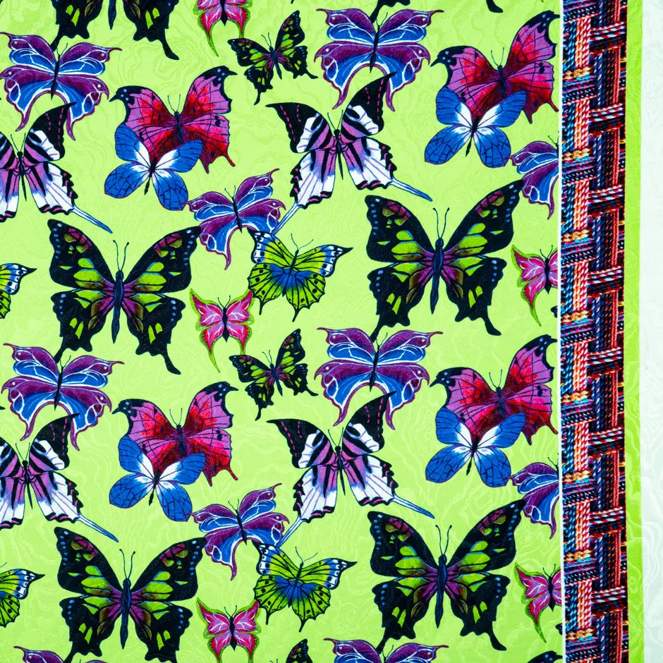 Multi-Coloured Butterfly Printed Green Silk Jacquard