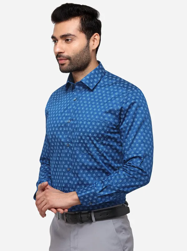 Navy Blue Printed Slim Fit Formal Shirt | Greenfibre