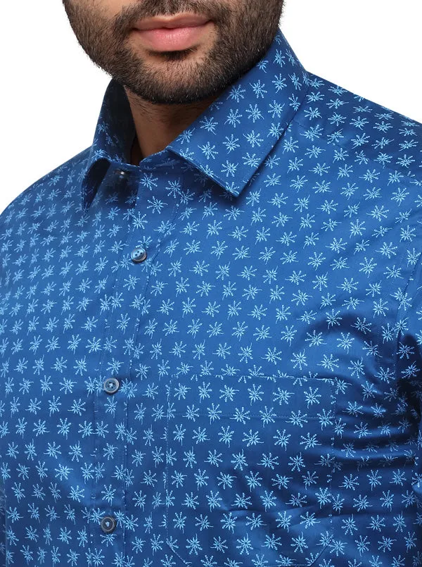 Navy Blue Printed Slim Fit Formal Shirt | Greenfibre