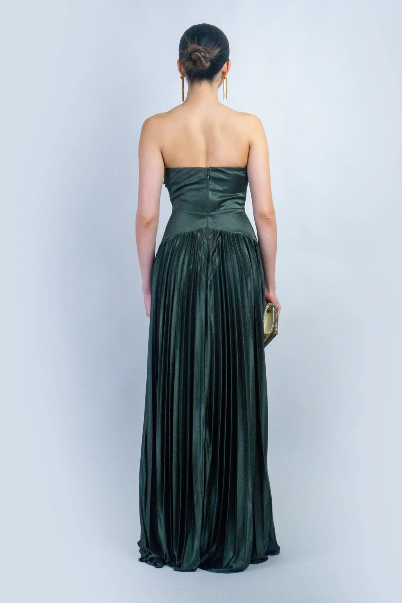 Olive Satin Sweetheart Pleated Twist Gown