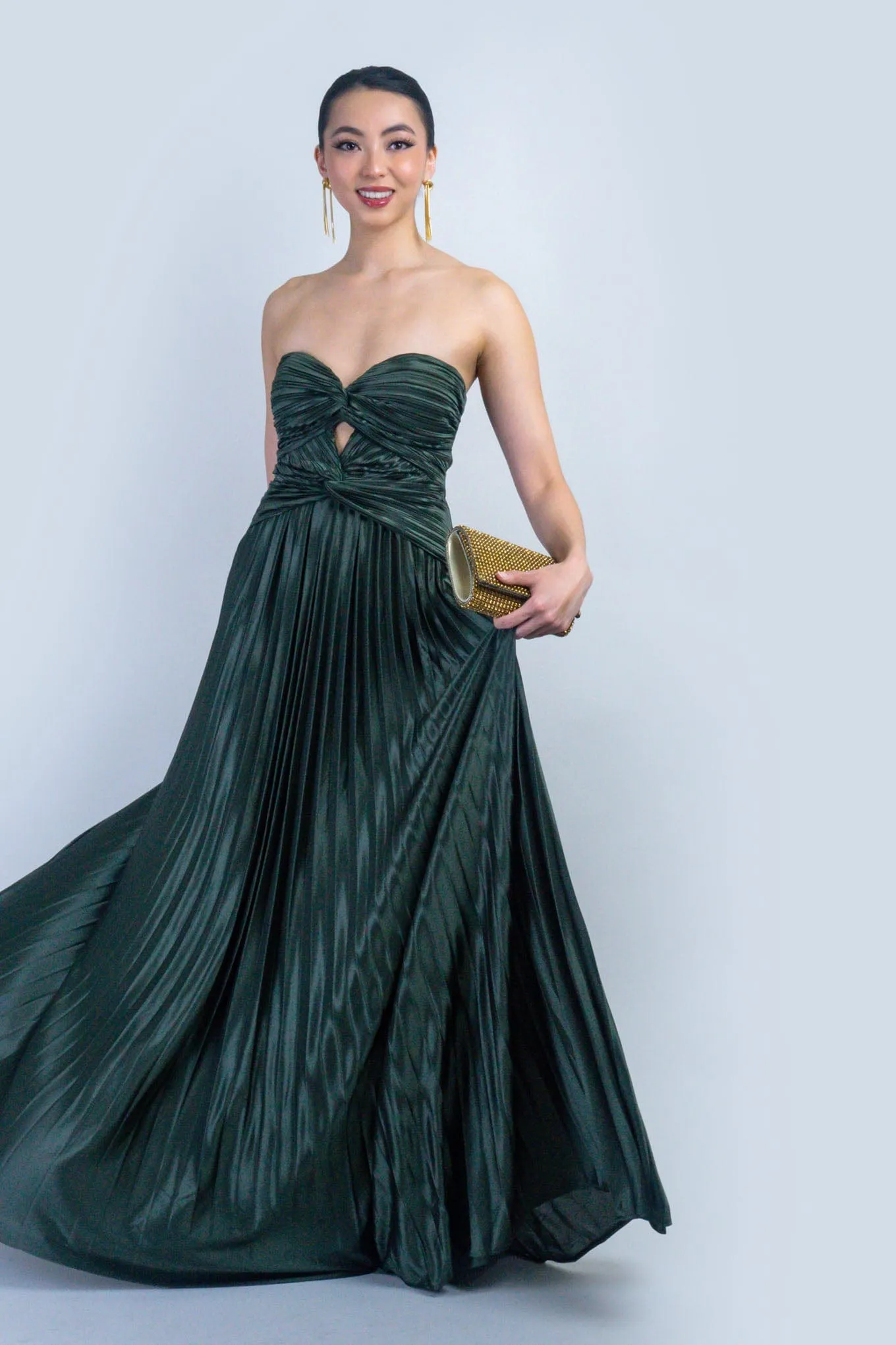 Olive Satin Sweetheart Pleated Twist Gown