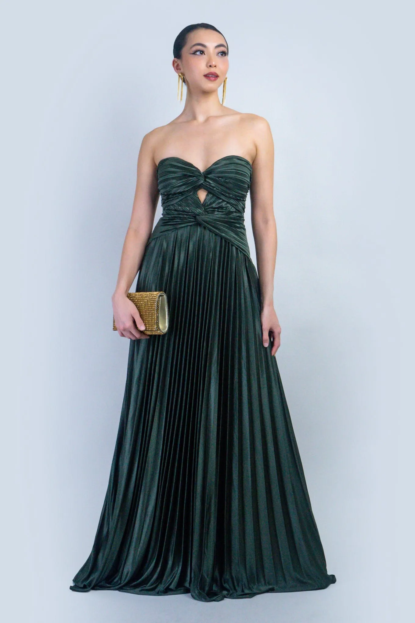 Olive Satin Sweetheart Pleated Twist Gown