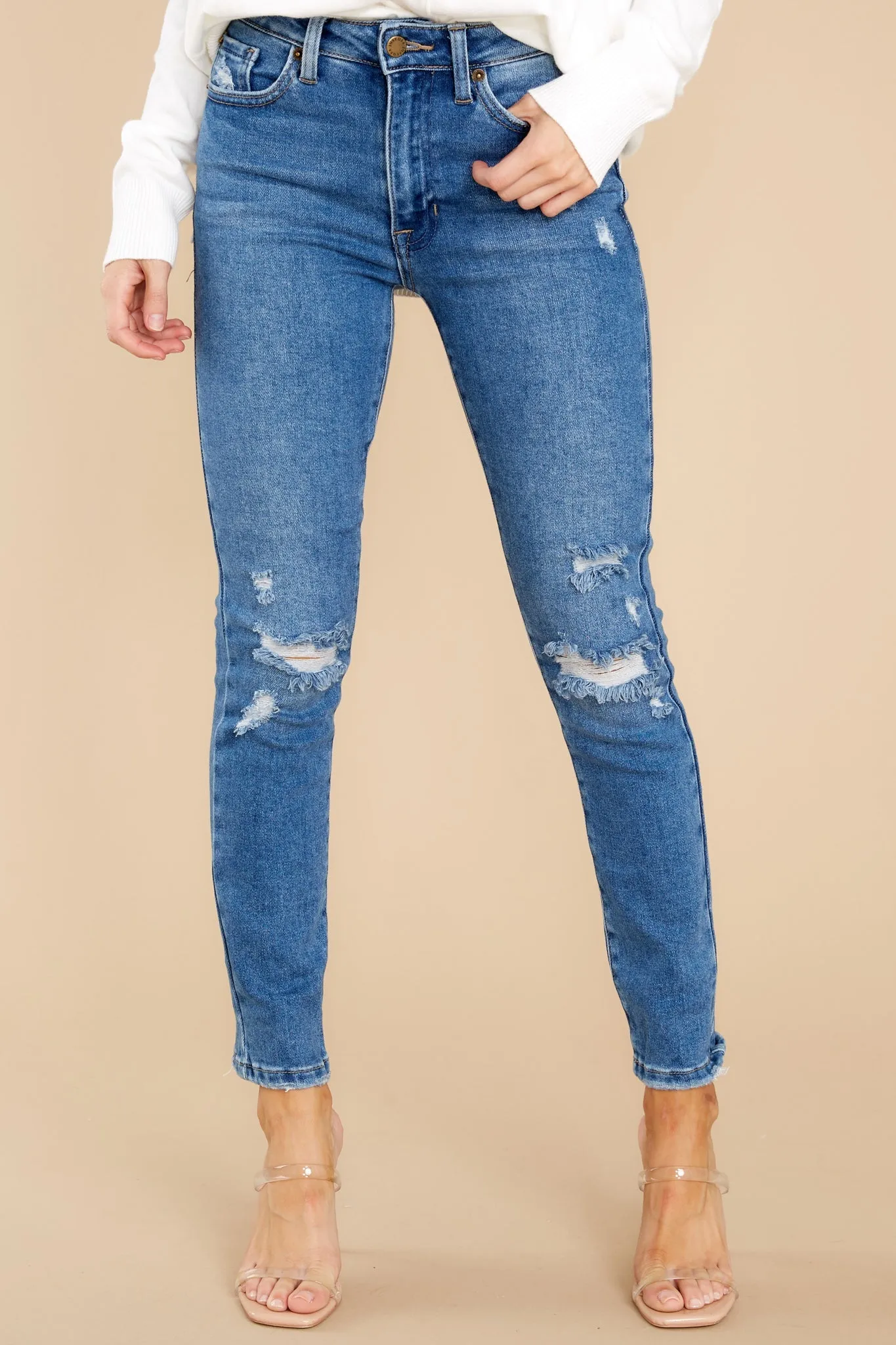 Own It Like Me Medium Wash Distressed Slim Jeans