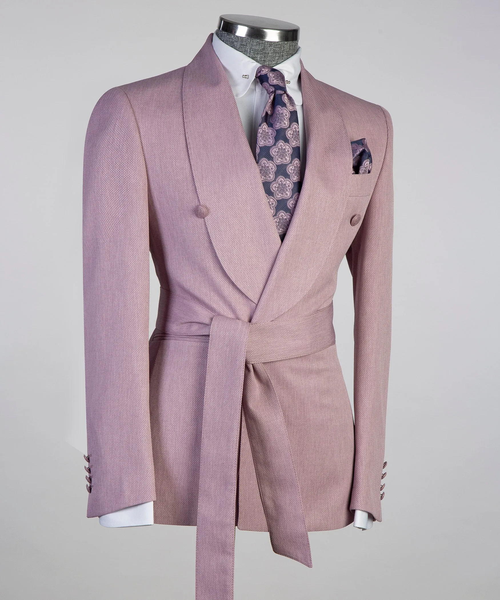 Pastel Pink Double-Breasted Belted Suit