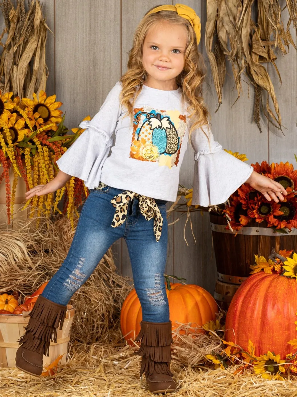 Proud Pumpkin Bell Sleeve Top and Jeans Set