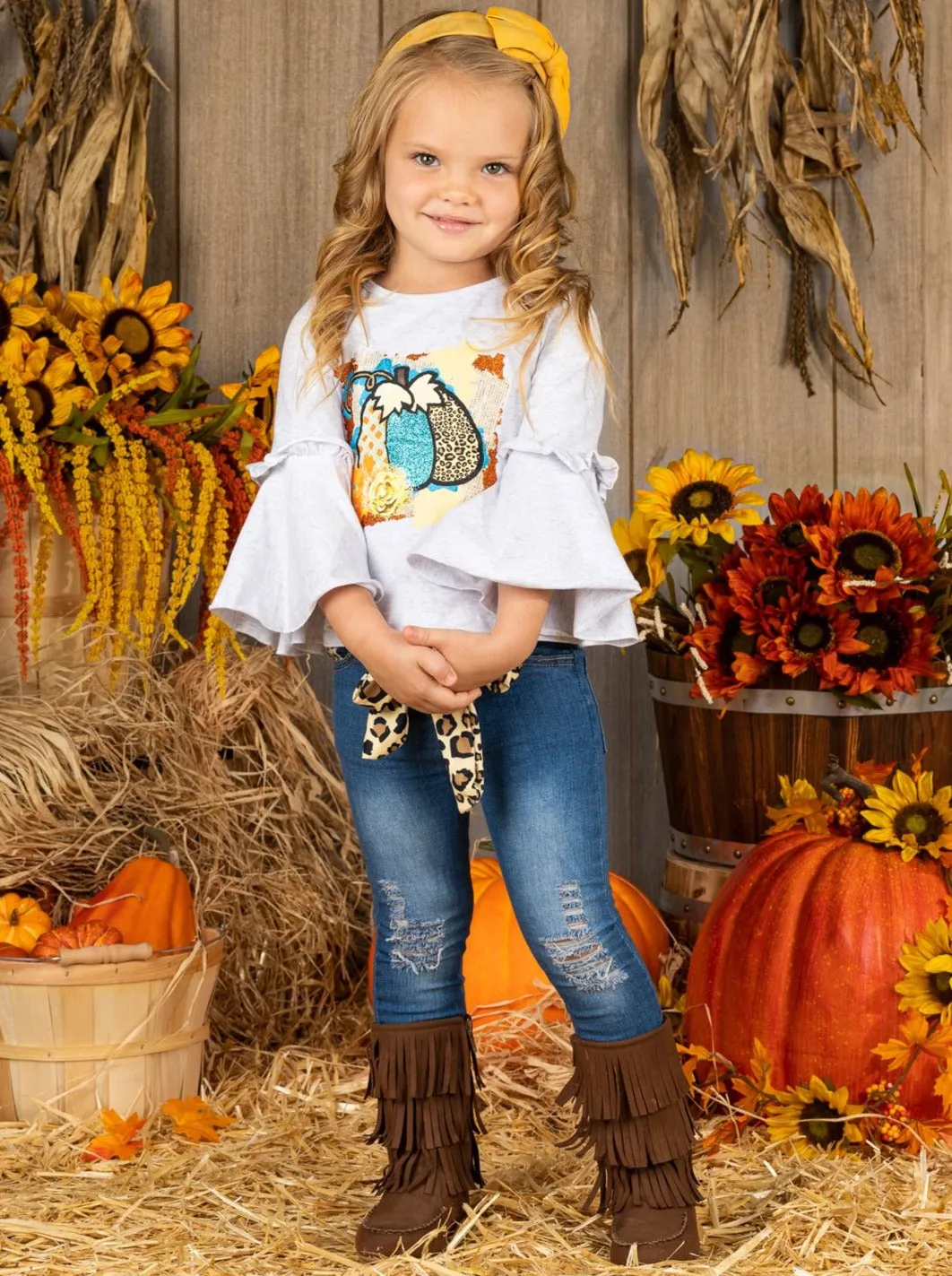 Proud Pumpkin Bell Sleeve Top and Jeans Set