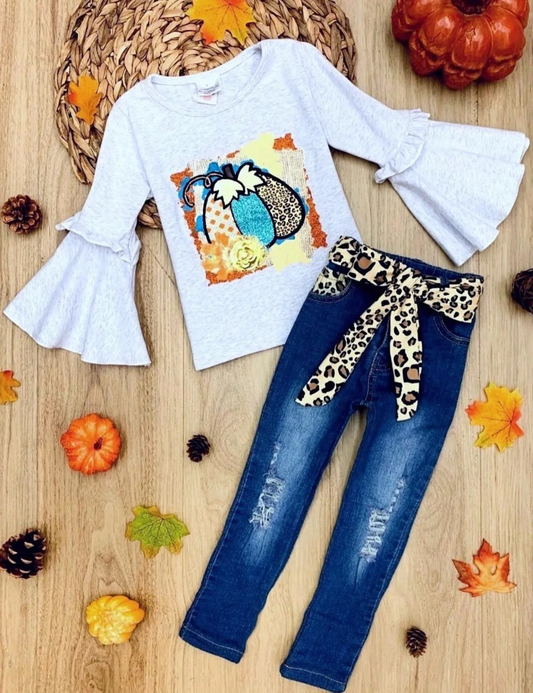 Proud Pumpkin Bell Sleeve Top and Jeans Set