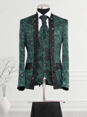 Shiny Floral Patterned Mandarin Collar Green Men's Tuxedo