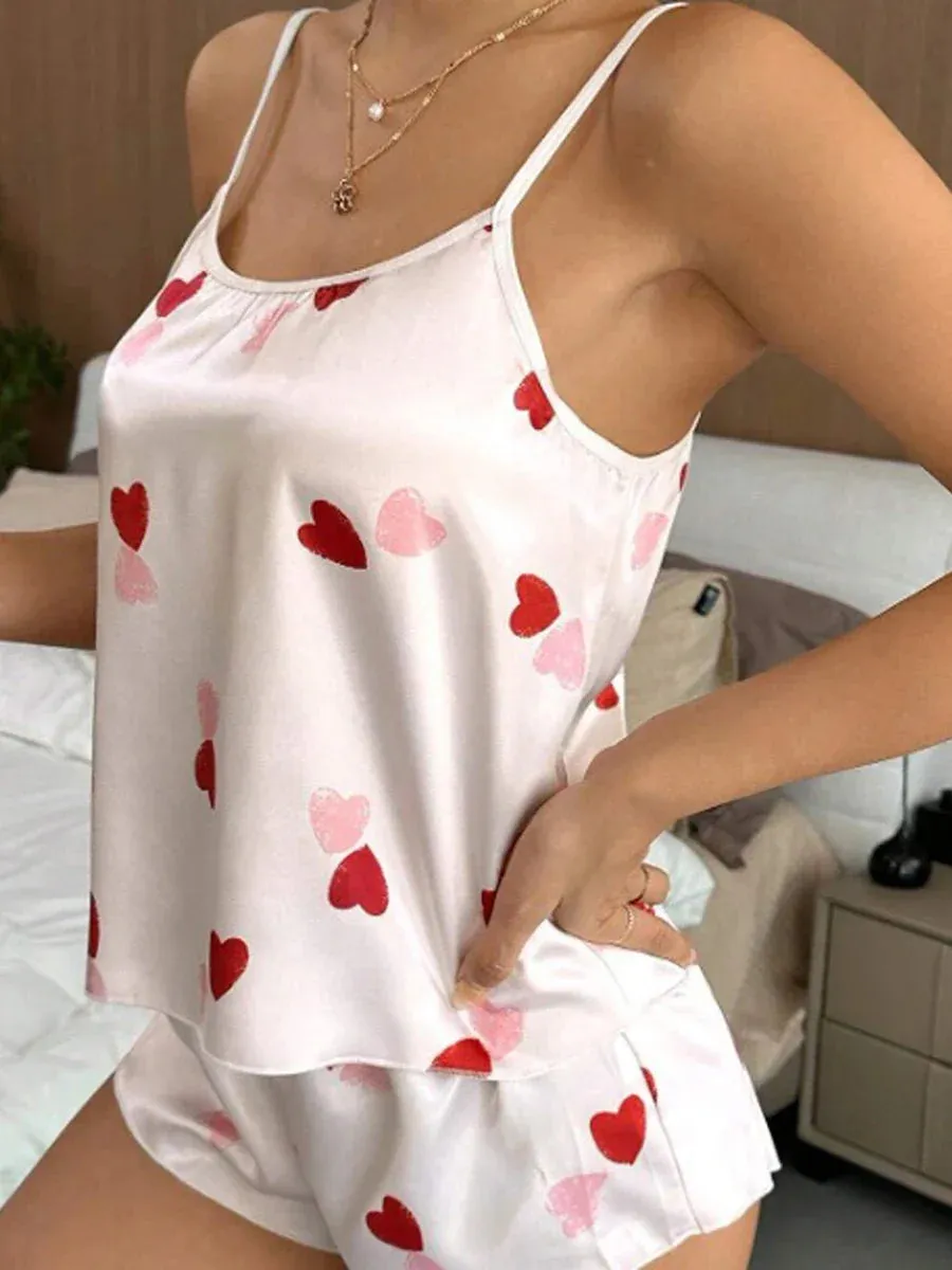 Sleeveless Heart Print Crop Cami Tops Shorts Lounge Satin Pajamas