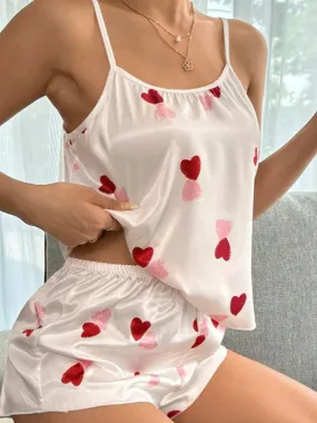 Sleeveless Heart Print Crop Cami Tops Shorts Lounge Satin Pajamas