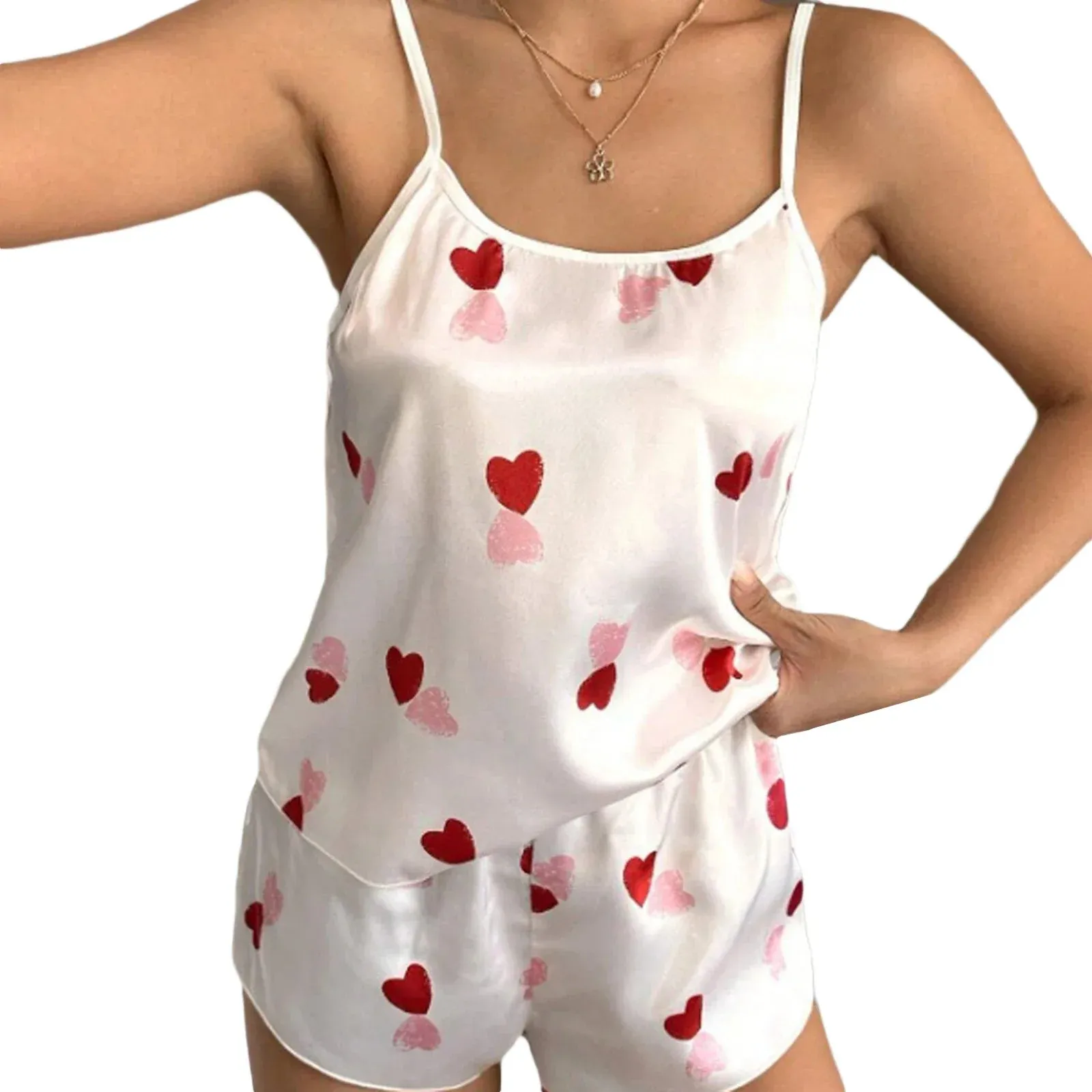 Sleeveless Heart Print Crop Cami Tops Shorts Lounge Satin Pajamas