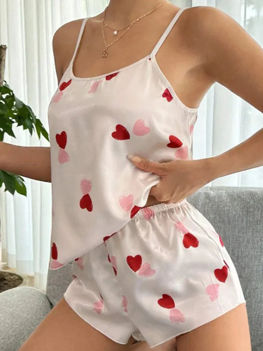 Sleeveless Heart Print Crop Cami Tops Shorts Lounge Satin Pajamas