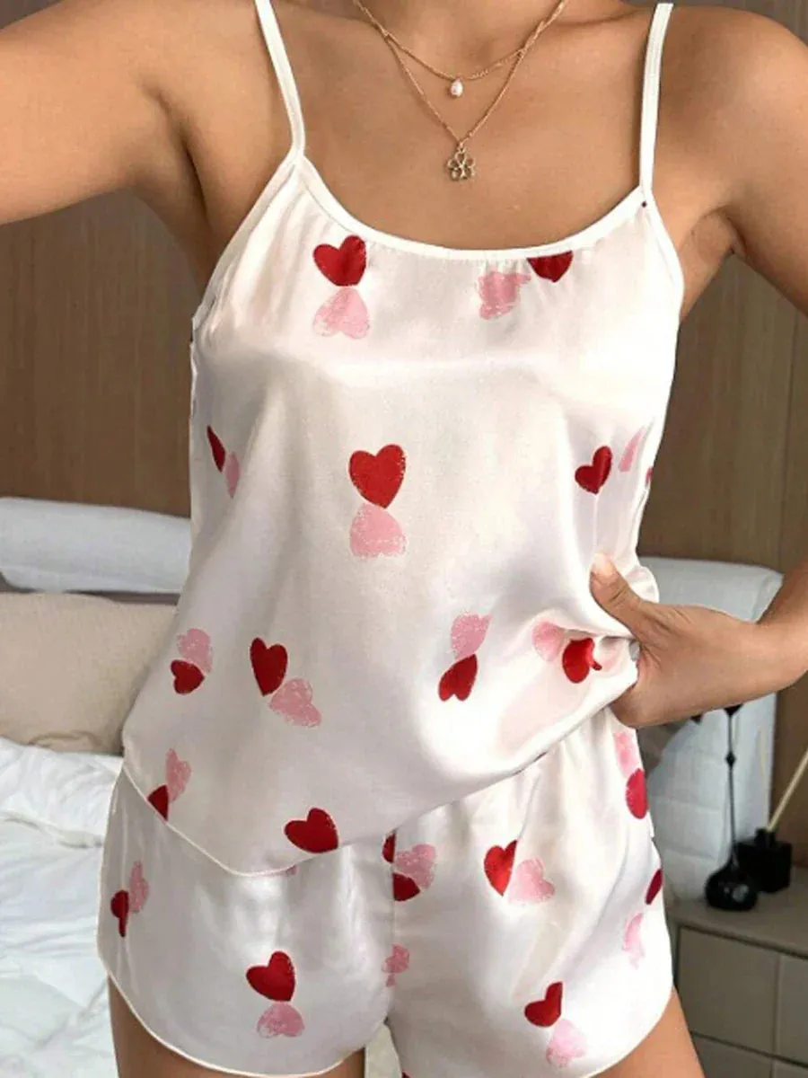 Sleeveless Heart Print Crop Cami Tops Shorts Lounge Satin Pajamas