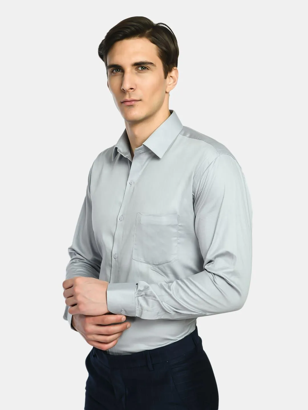 Solid Grey Formal Shirt with Curved Hemline