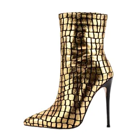 Stiletto Ankle Boots Pointed Toe High Heels Gold Stone Pattern