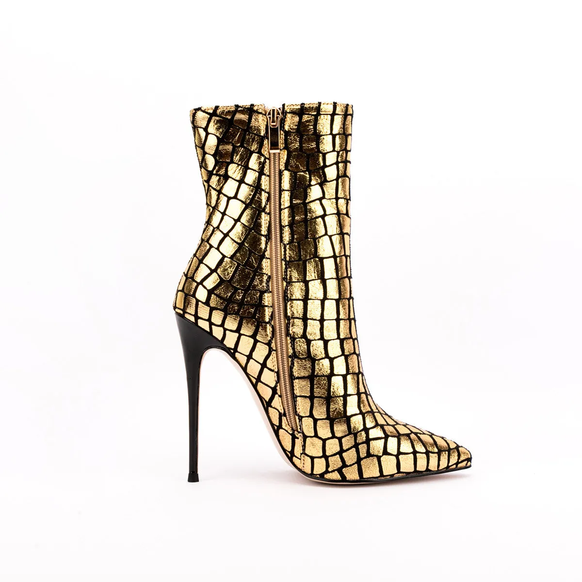 Stiletto Ankle Boots Pointed Toe High Heels Gold Stone Pattern