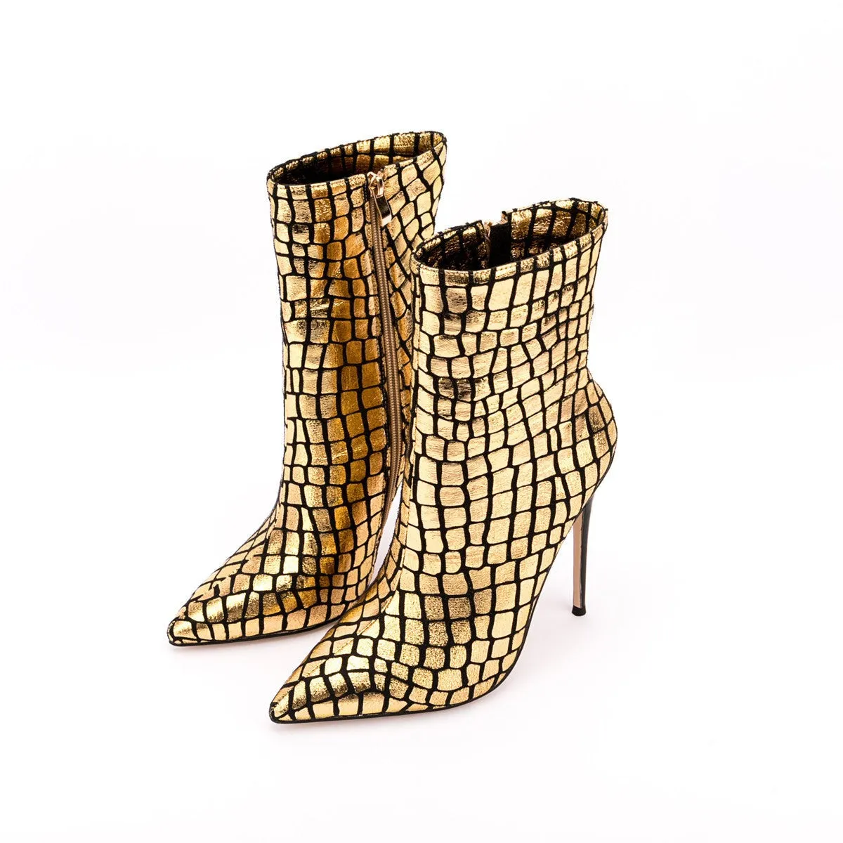 Stiletto Ankle Boots Pointed Toe High Heels Gold Stone Pattern