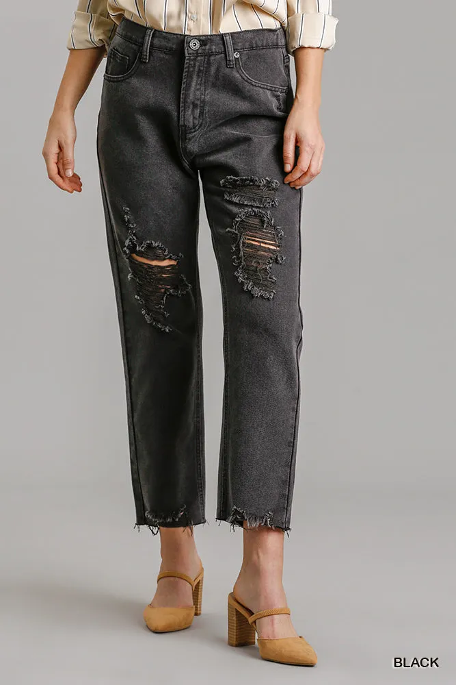 Straight Cut Distressed Black Denim Jeans