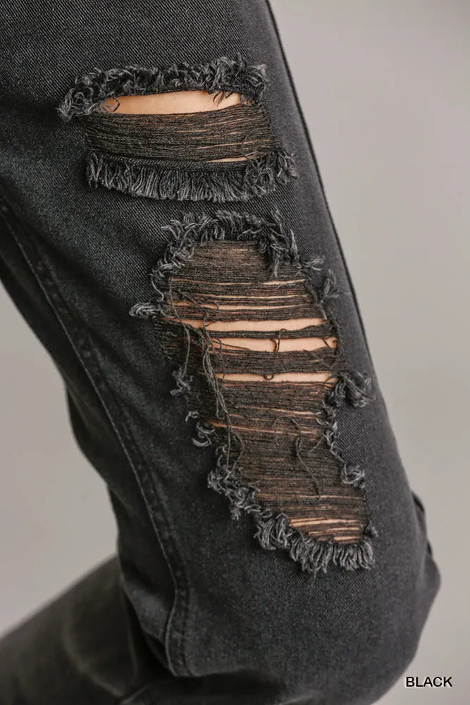 Straight Cut Distressed Black Denim Jeans