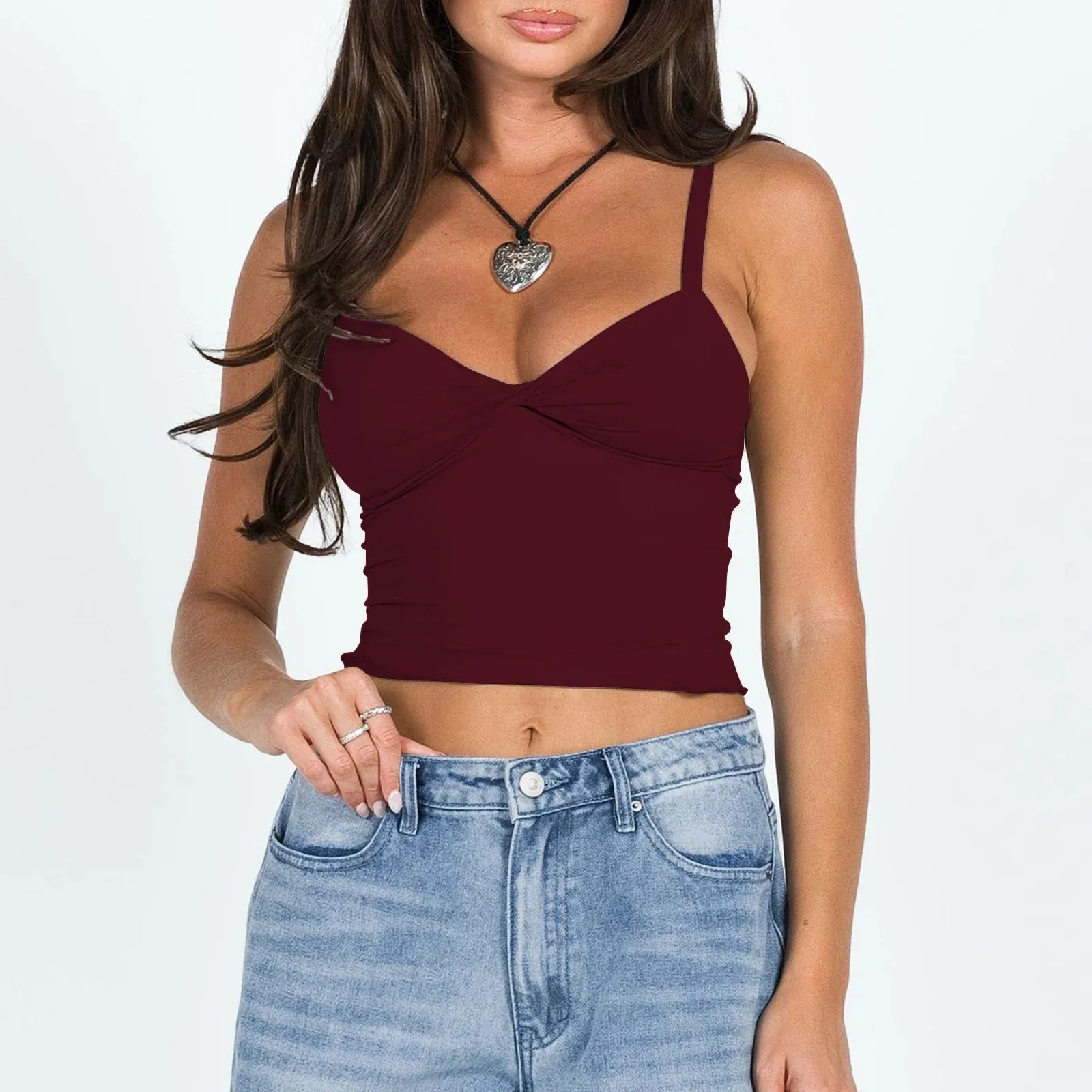 Tight Fitted V Neck Backless Front Twist Adjustable Summer Crop Cami Top