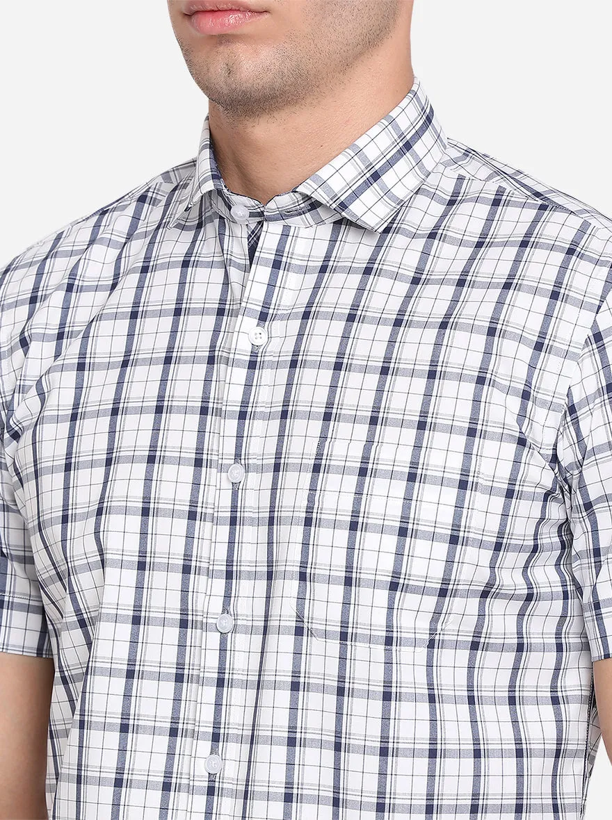 White & Navy Blue Checked Regular Fit Formal Shirt | Greenfibre