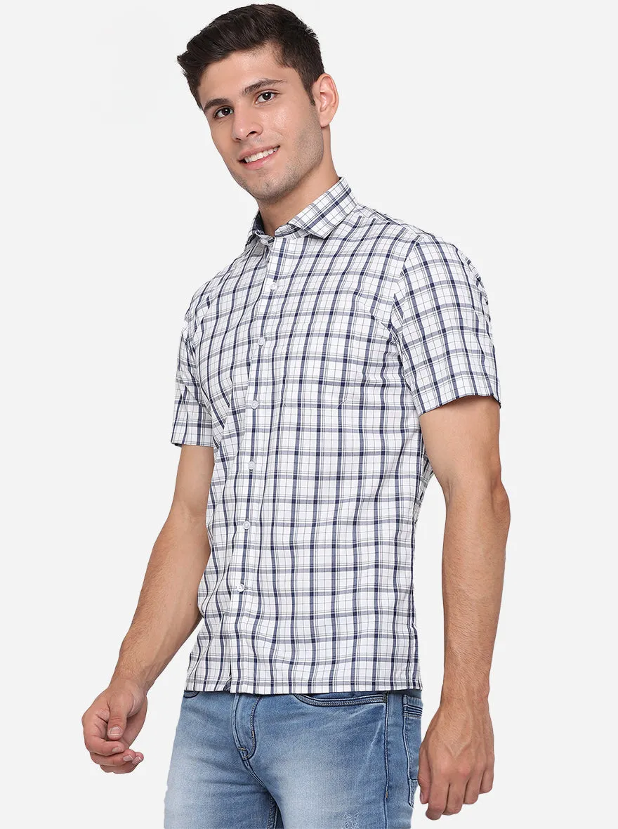 White & Navy Blue Checked Regular Fit Formal Shirt | Greenfibre