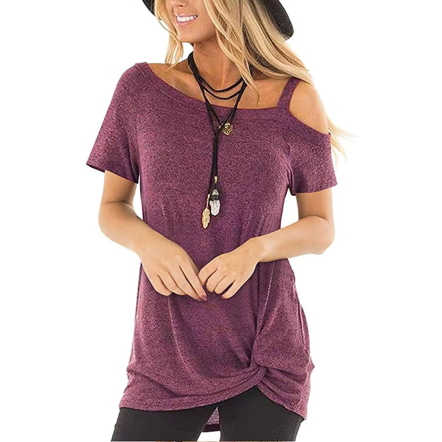 Women's Cold Shoulder Tops Summer Short Sleeve Casual Twist Knot Blouse T-Shirt